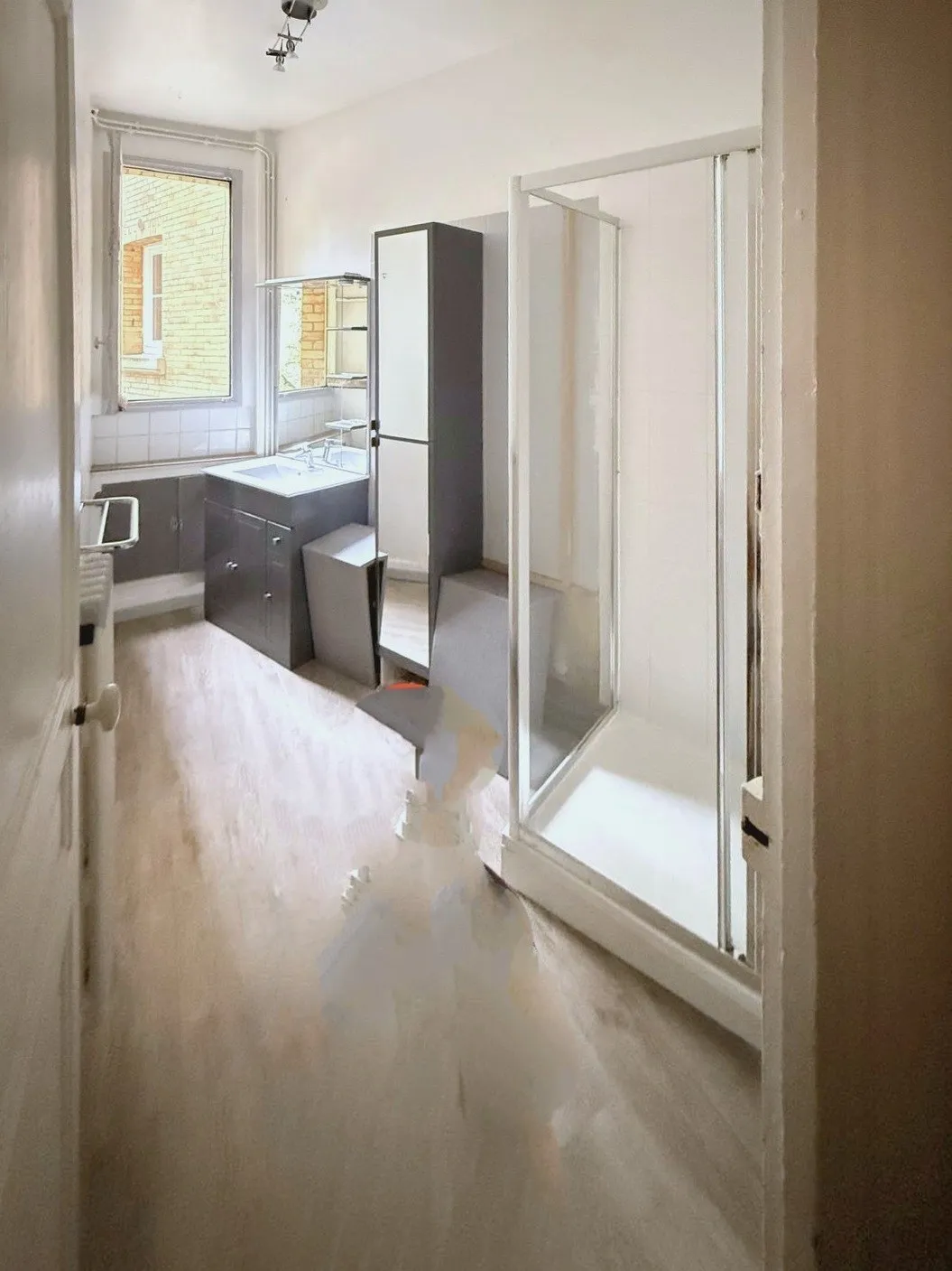 La salle de bain avant travaux, vue depuis la porte : cabine de douche et meuble sombre