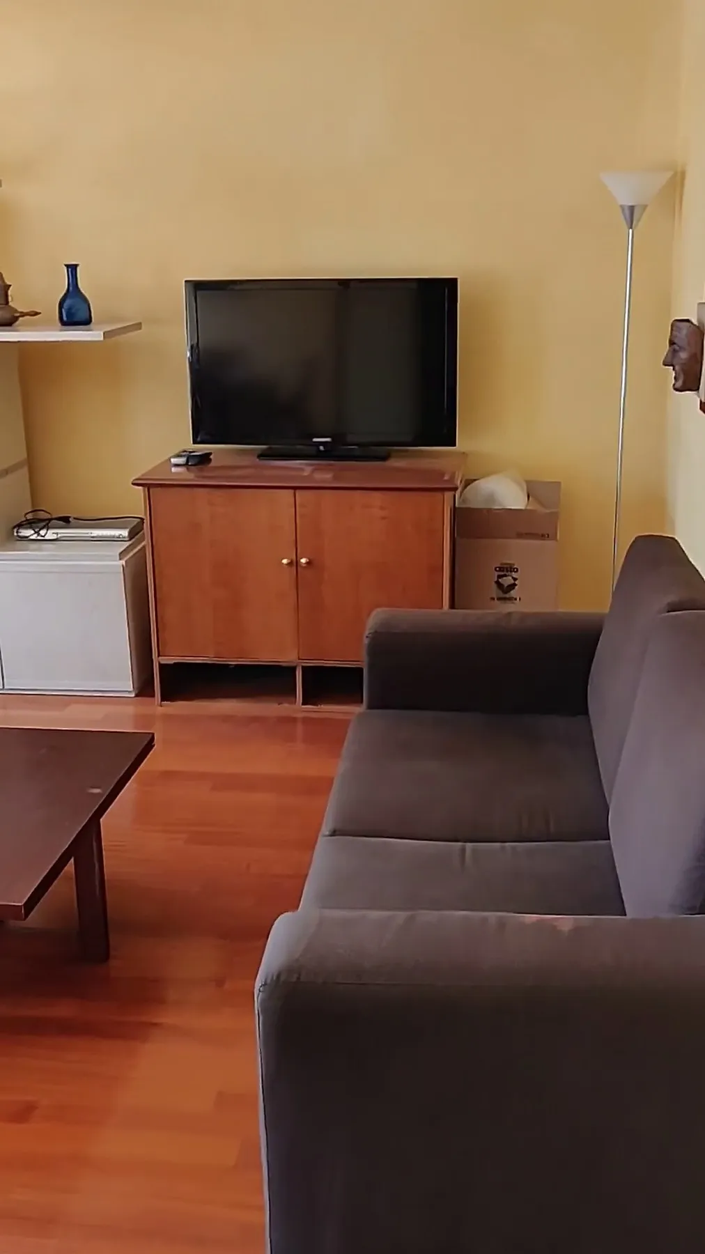 Le séjour avant travaux : murs jaunes, parquet rouge, canapé face au meuble de télévision